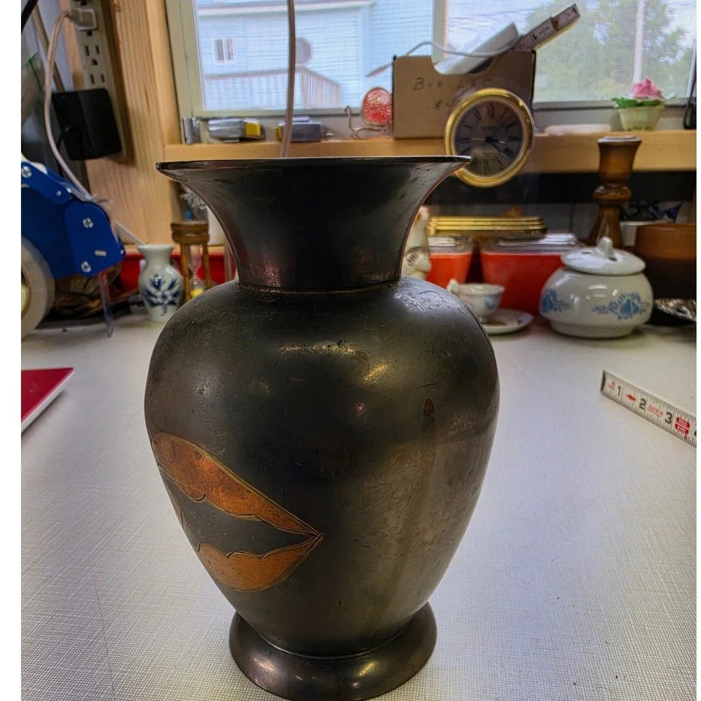 Vintage Art Deco Mixed Metal Vase Copper Brass Inlay Geometric Patinated 6.25in
